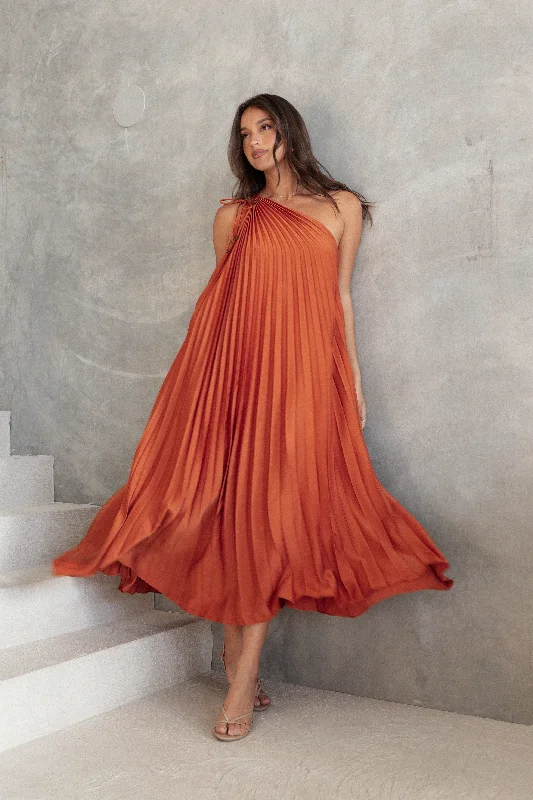 Wedding guest dresses with pleats for added movement -Selena One Shoulder Midi Dress - Russet Bronze