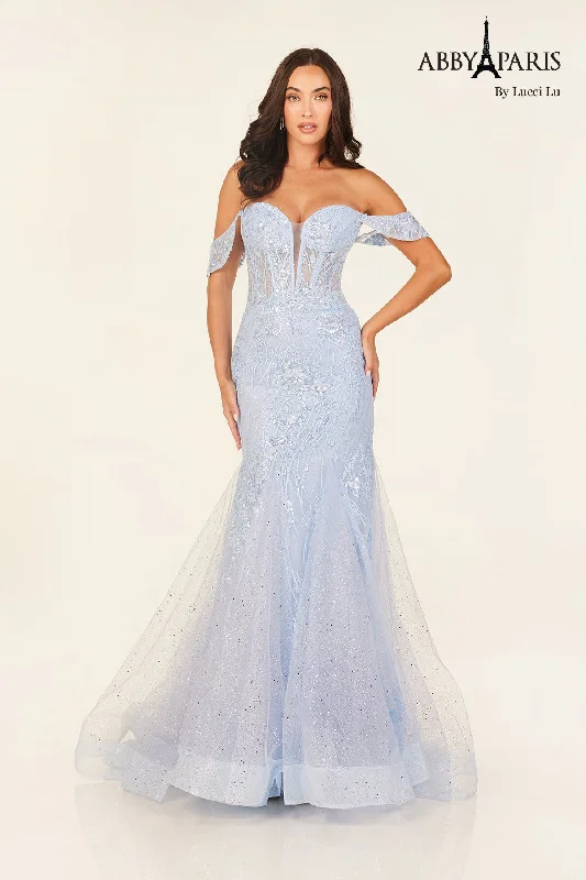 cocktail dresses with lace backs for intricate detail --Off Shoulder Mermaid Dress by Abby Paris 90335