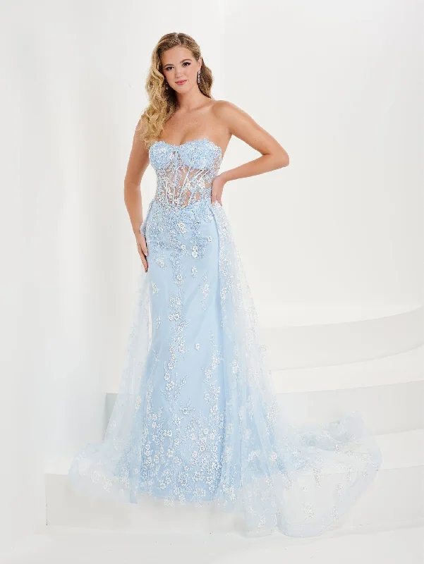 cocktail dresses with satin bows for elegant touch --Fitted Floral Glitter Strapless Gown by Tiffany Designs 16107