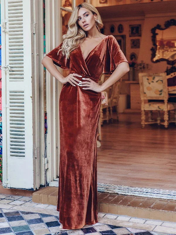 plus size formal dresses with ruching and flare skirts --Elegant Double V Neck Velvet Wholesale Party Dresses for Women