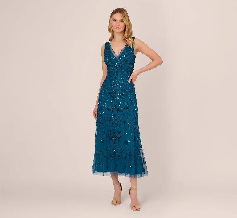 formal dresses for beach weddings with lightweight fabrics --Hand-Beaded Ankle-Length Dress In Teal Sapphire