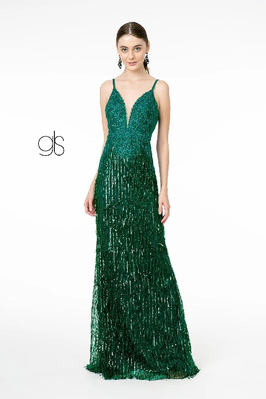 cocktail dresses with puffed sleeves for vintage flair --Sequin Fringed V-Neck Mermaid Dress by Elizabeth K GL1824