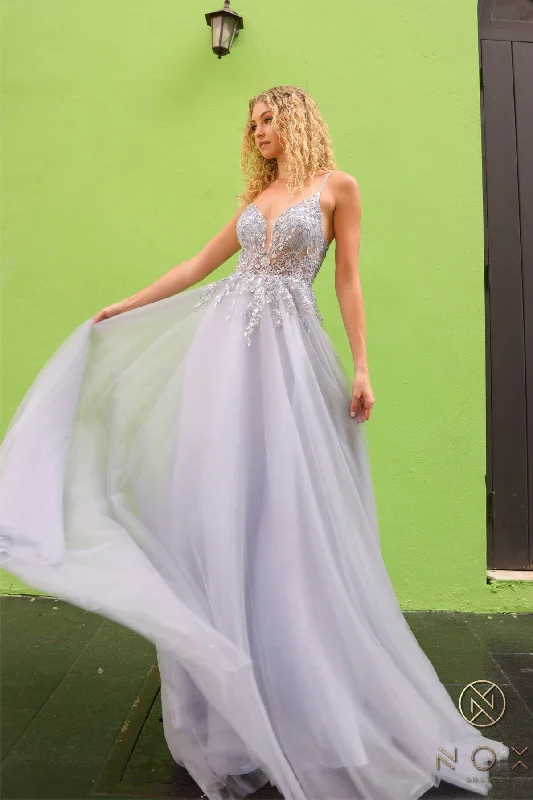 cocktail dresses with spaghetti straps for minimalist look --Lace Applique Sleeveless Tulle Gown by Nox Anabel Q1391