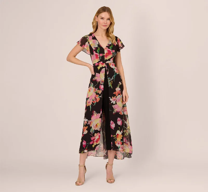 Spring dresses for mothers of the bride with elegant options -Floral Print Cropped Jumpsuit With Skirt Overlay In Black Multi