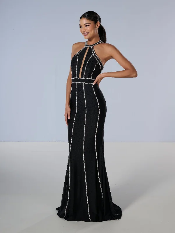 formal dresses for business galas with sleek designs --Beaded Jersey Fitted Halter Gown by Tiffany Designs 16200