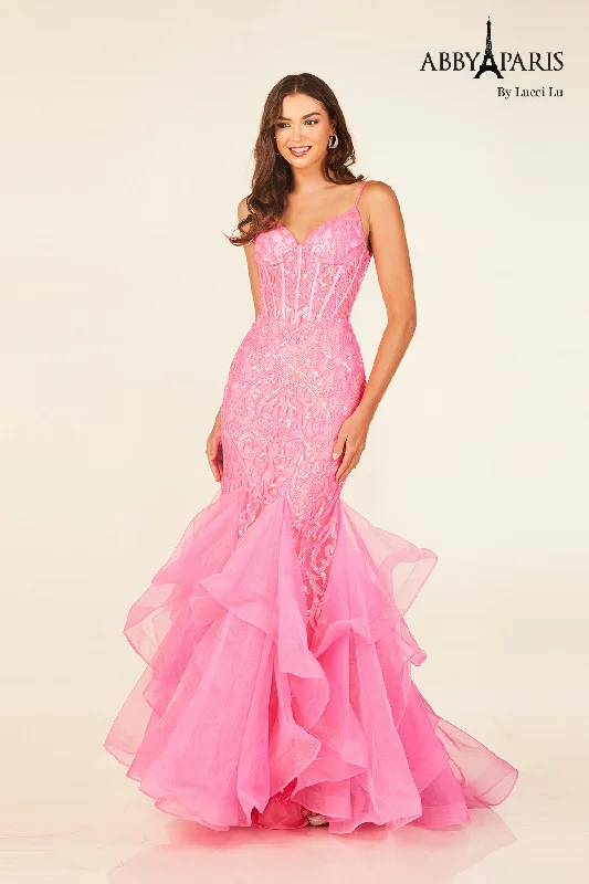 cocktail dresses with beaded straps for sparkle --Sleeveless Ruffled Mermaid Gown by Abby Paris 90331