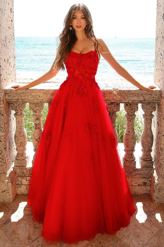 cocktail dresses with wrap skirts for adjustable fit --Lace Applique Sleeveless Gown by Amelia Couture 7035