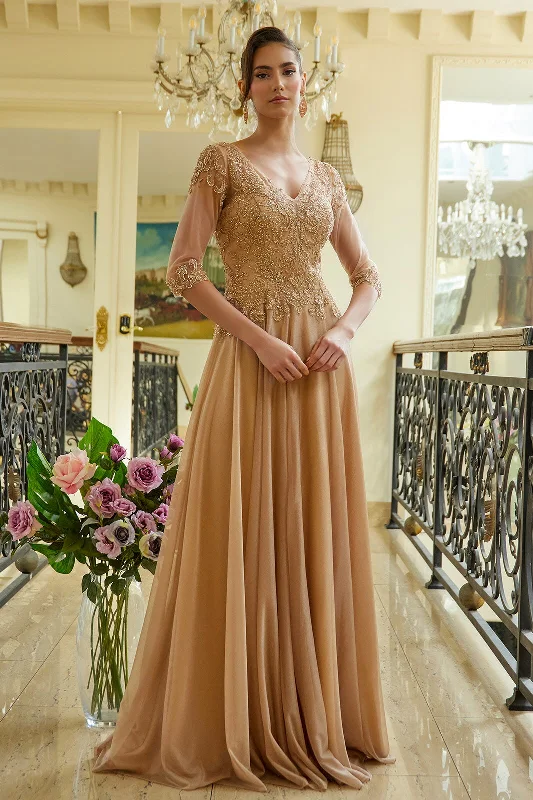 Wedding guest dresses for a modern and sleek look -Applique 3/4 Sleeve A-line Gown by Elizabeth K GL3572