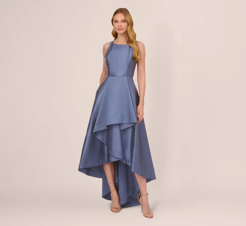formal dresses with lace sleeves for classic elegance --High Low Mikado Gown With Asymmetrical Detail In Blue Frost