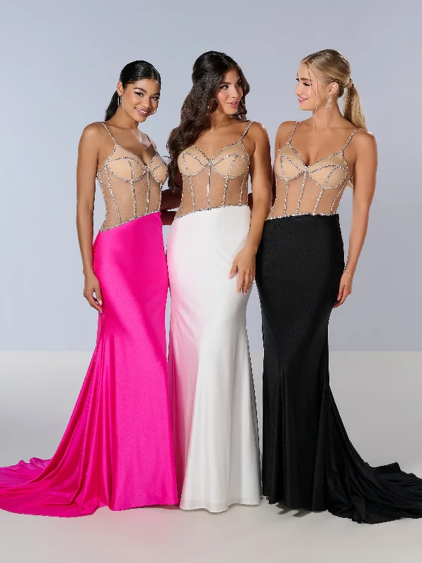 formal dresses for tall women with high slits --Beaded Fitted Sheer Corset Gown by Tiffany Designs 16191