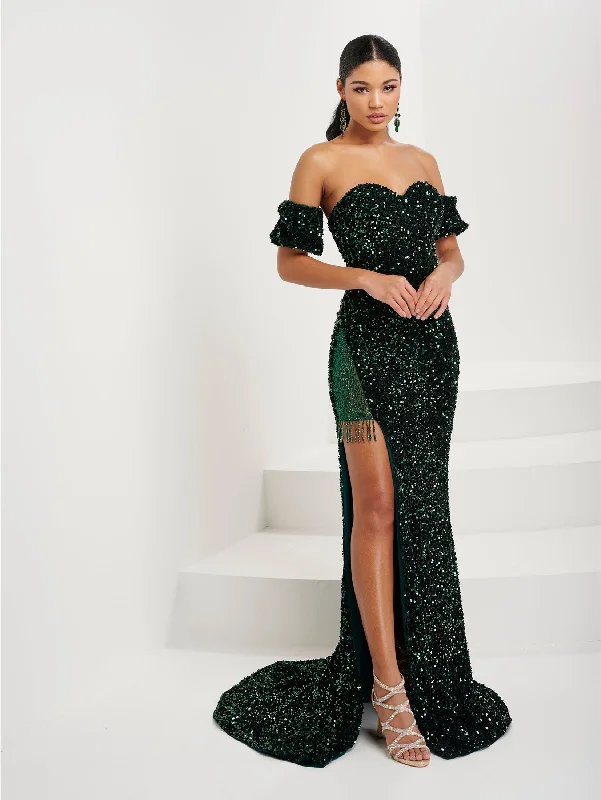 cocktail dresses with lace trims for delicate accents --Fitted Sequin Fringe Slit Gown by Tiffany Designs 16087