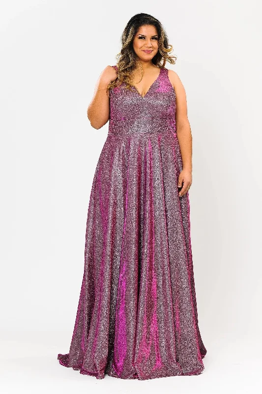 How to choose wedding guest dresses for a religious ceremony -Plus Size Long Metallic Glitter V-Neck Dress by Poly USA W1036