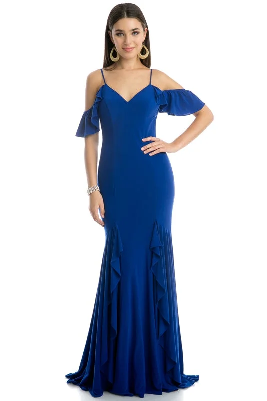 formal dresses with floral embroidery for spring occasions --Tiered Long Cold Shoulder Dress by Juliet 664
