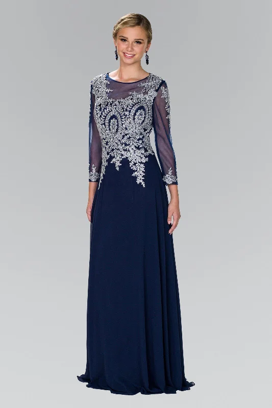 High-neck wedding guest dresses for conservative events -Long Applique Dress with Sleeves by Elizabeth K GL1368