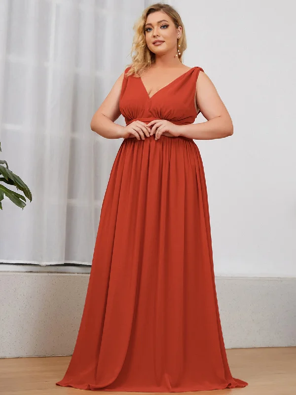 Chic gold party dresses for festive occasions -Double V-Neck Maxi Long Wholesale Plus Size Evening Dresses