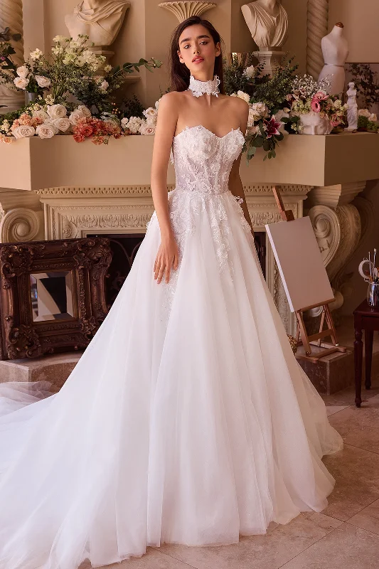 cocktail dresses with mesh sleeves for subtle coverage --Applique Strapless Tulle Bridal Gown by Ladivine WL041