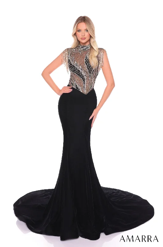 formal dresses for evening galas with sequin embellishments --Cap Sleeve Fringe Mermaid Dress by Amarra 88104