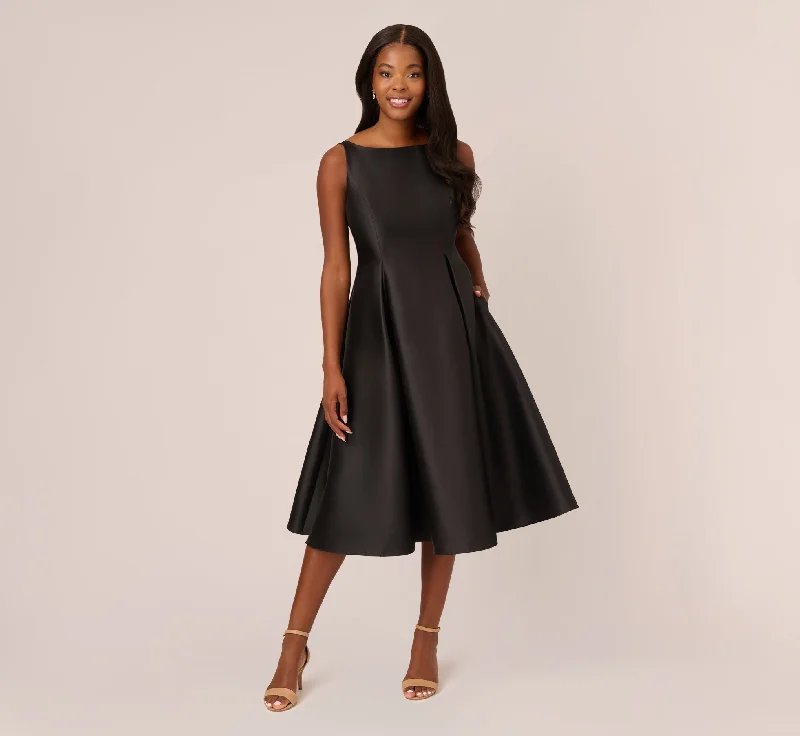 Boho wedding guest dresses for a laid-back vibe -Sleeveless Mikado Fit And Flare Midi Dress With V-Back In Black