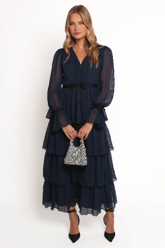 cocktail dresses with chiffon skirts for flowy movement --Antoinette Long Sleeve Tiered Maxi Dress - Navy