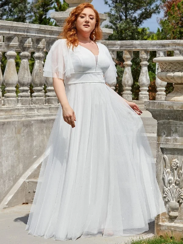 Simple but stylish dresses for cocktail parties -Plus Size Wholesale Tulle Evening Dress with Deep V Neck