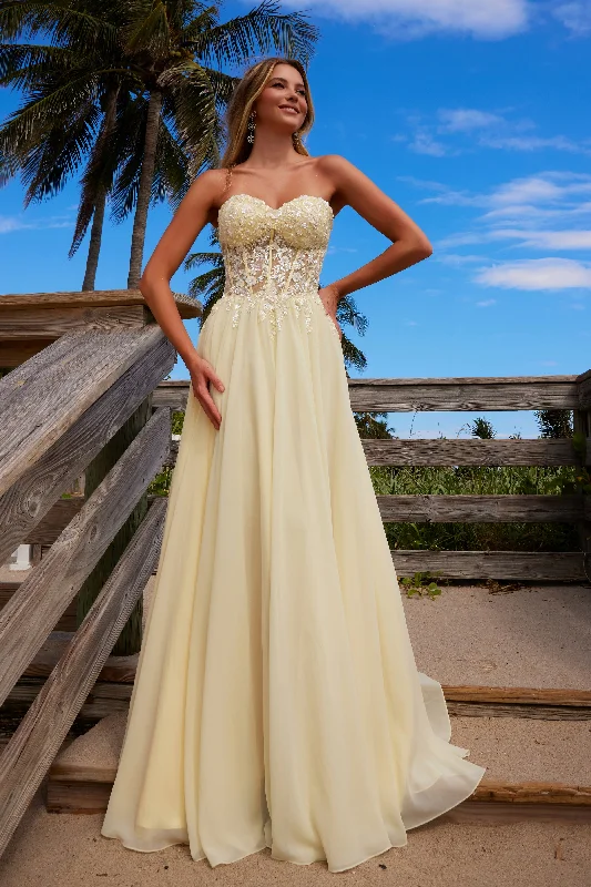 cocktail dresses with mesh sleeves for subtle coverage --Chiffon Strapless A-line Gown by Nox Anabel C1617