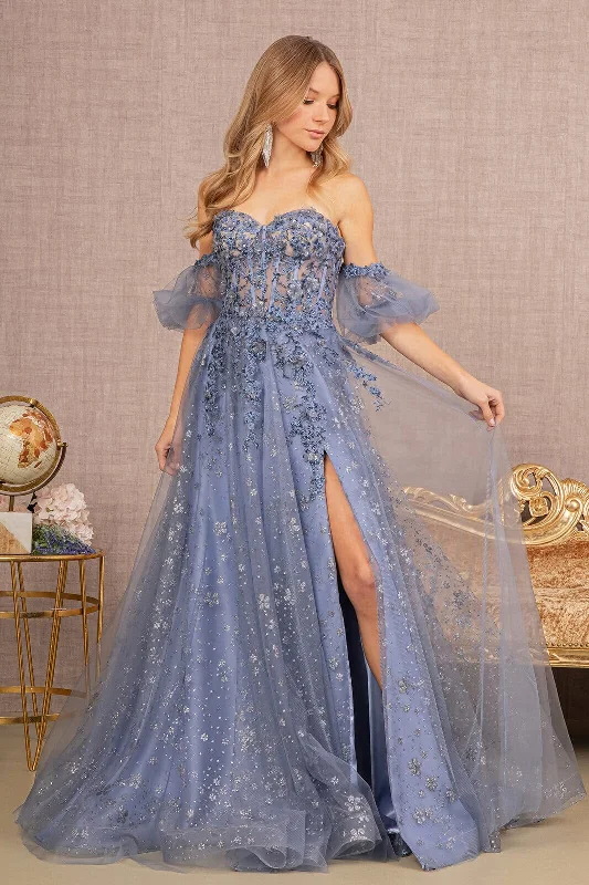 cocktail dresses with satin bows for elegant detail --Glitter Print Puff Sleeve Gown by GLS Gloria GL3126