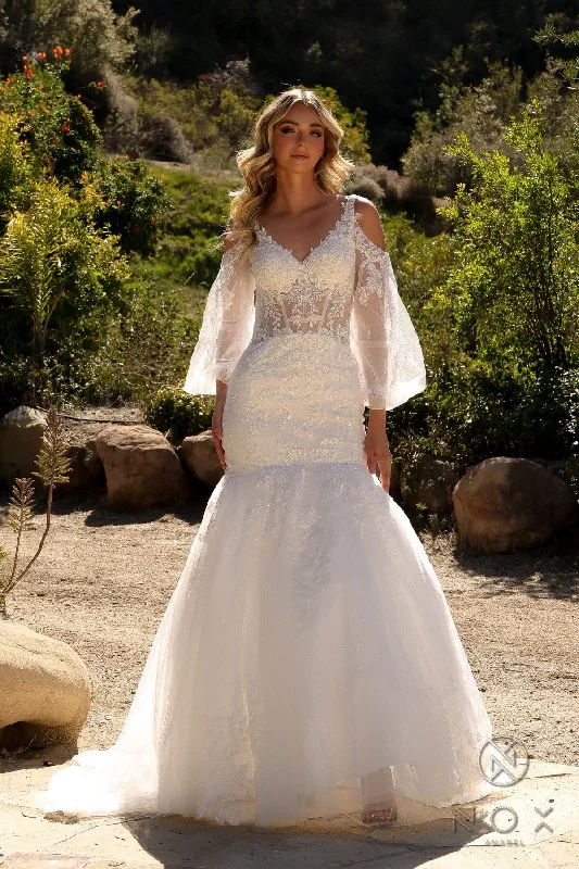 cocktail dresses with halter tops for chic style --Applique Bell Sleeve Bridal Mermaid Dress by Nox Anabel JE983L