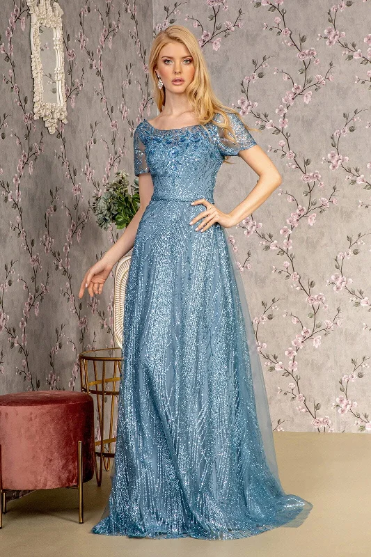 Wedding guest dresses for destination weddings by the sea -Glitter Print Short Sleeve A-line Gown by GLS Gloria GL3493