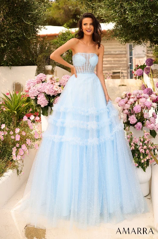formal dresses for winter galas with fur collars --Strapless Corset A-line Flounced Gown by Amarra 88794