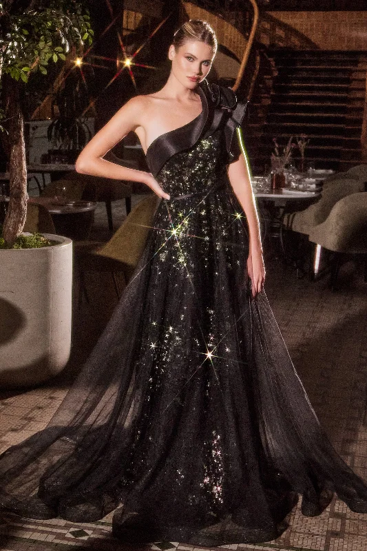 formal dresses with built-in shapewear for smooth figure --Glitter One Shoulder A-line Gown by Ladivine CB157