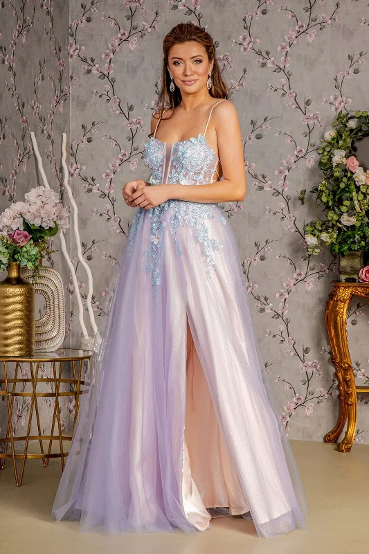 cocktail dresses with floral appliques for spring vibes --3D Butterfly Sleeveless Two-Tone Gown by GLS Gloria GL3252