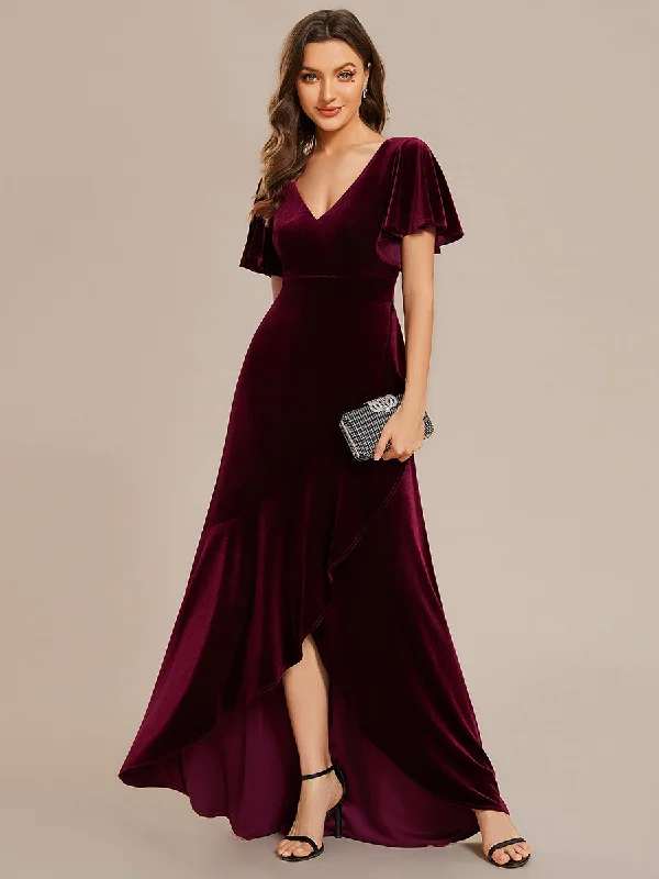 formal dresses with chiffon overlays for soft flow --Lotus Leaf Ruffles High-low V Neck Wholesale Evening Dress with Short Sleeves