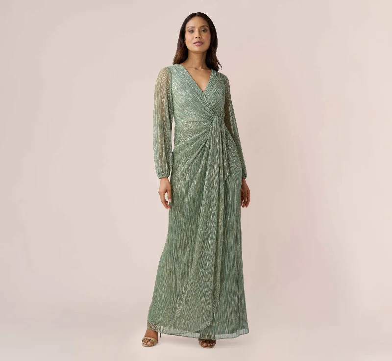 formal dresses in pastel colors for springtime events --Metallic Crinkled Mesh Draped Long Gown In Green Slate