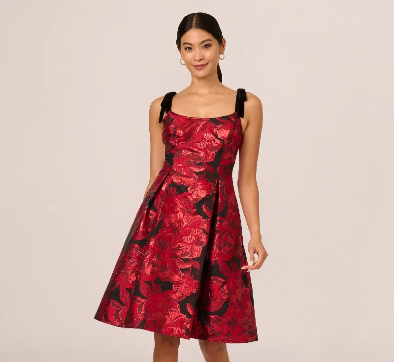 Off-the-shoulder spring dresses for a chic look -Bow Jacquard Short Dress In Black Red