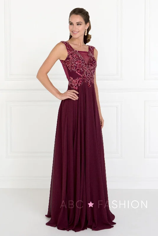 cocktail dresses with wrap style for adjustable fit --Long Dress with Beaded Illusion Bodice by Elizabeth K GL1566