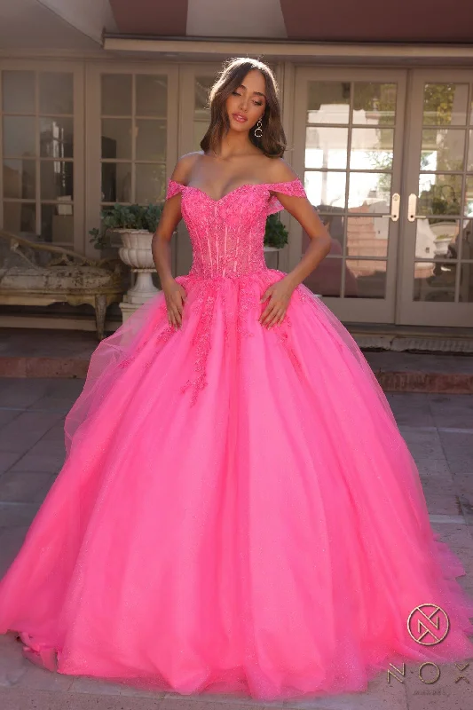 formal dresses for tall women with high slits --Applique Off Shoulder Corset Ball Gown by Nox Anabel H1349
