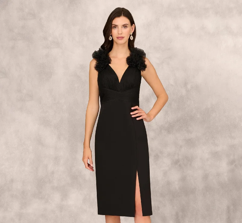 Wedding guest dresses for evening galas with a formal touch -Sleeveless Sheath Dress With Ruffle Accents In Black