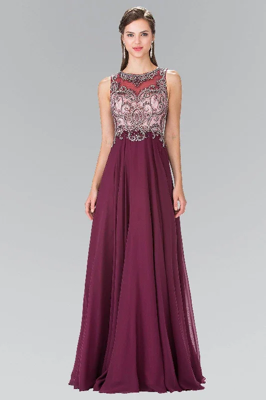 cocktail dresses with mesh necklines for modern appeal --Long Beaded Illusion Dress with Open Back by Elizabeth K GL2273