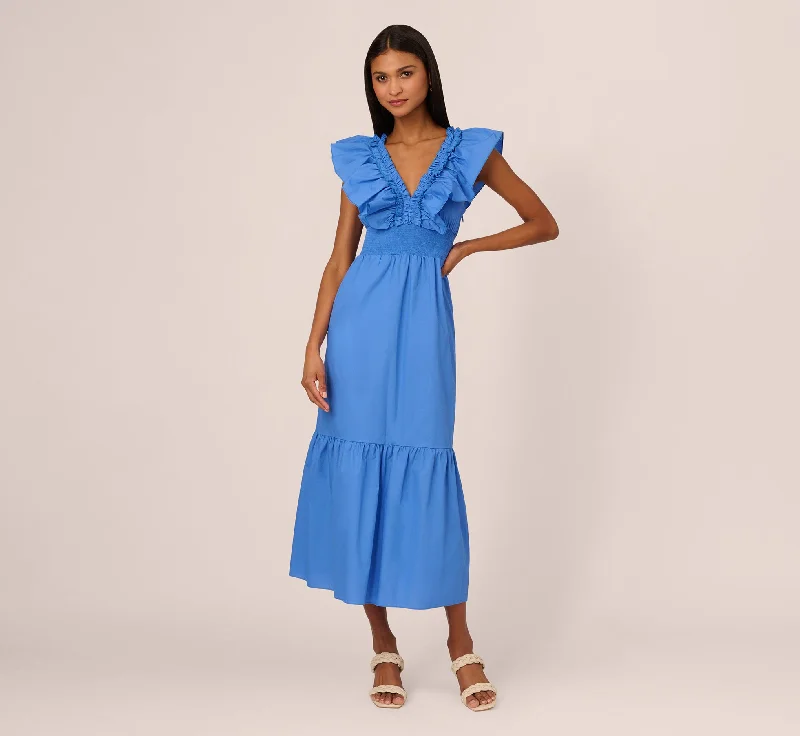 Spring dresses for weekend getaways with casual style -Ruffled Maxi Dress With Shirred Details In Cool Water