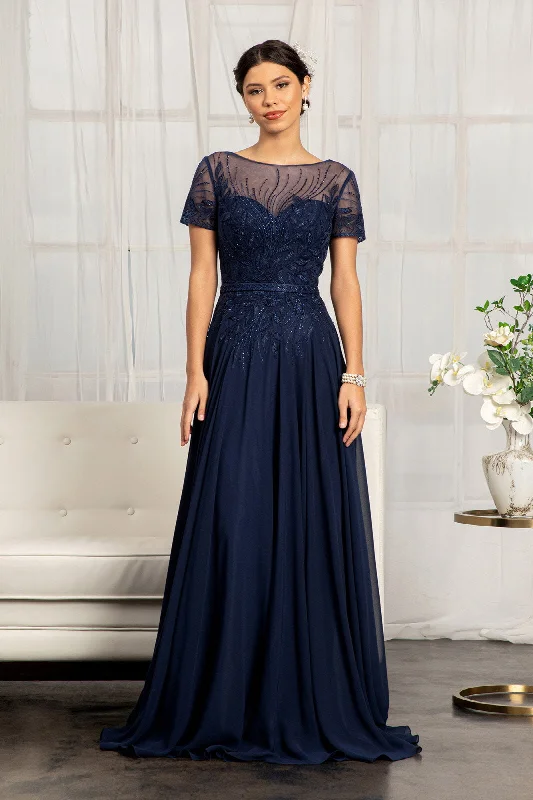 Wedding guest dresses that fit in a casual setting -Embroidered Short Sleeve Gown by Elizabeth K GL3067