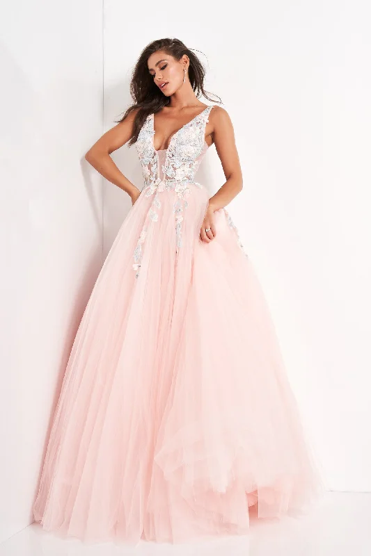 formal dresses with asymmetrical hemlines for trendy looks --Floral Applique Sleeveless A-line Gown by Jovani 11092