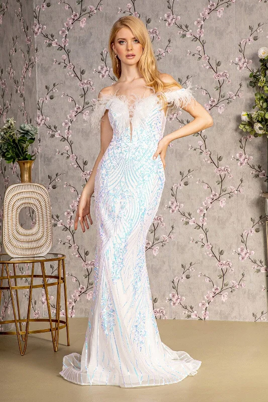 formal dresses for winter balls with faux fur accents --Fitted Sequin Off Shoulder Feather Gown by GLS Gloria GL3284