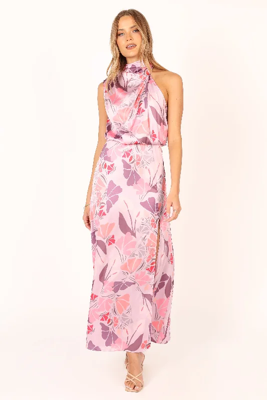 formal dresses for bridesmaids in matching pastel colors --Amelia Halterneck Maxi Dress - Pink Floral
