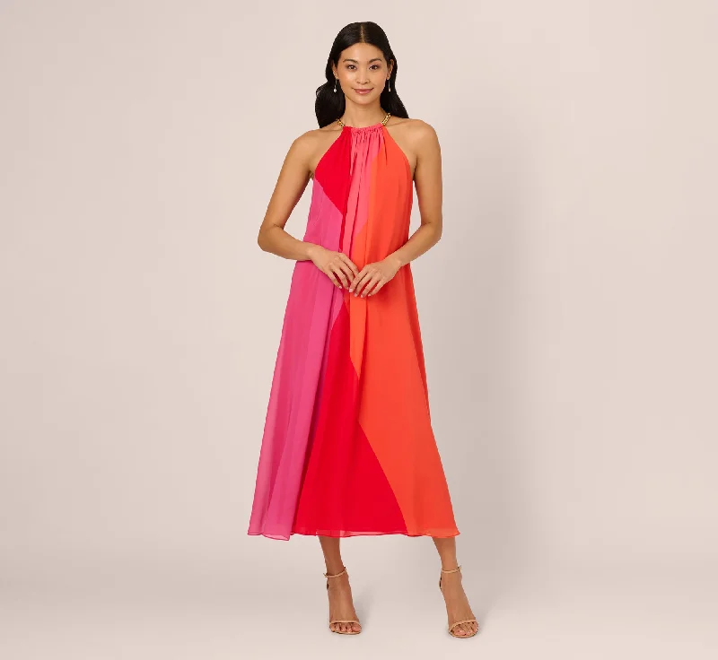 Stunning wedding guest dresses for festive wedding receptions -Color Block Chiffon Trapeze Dress With Chain Halter Neckline In Red Multi
