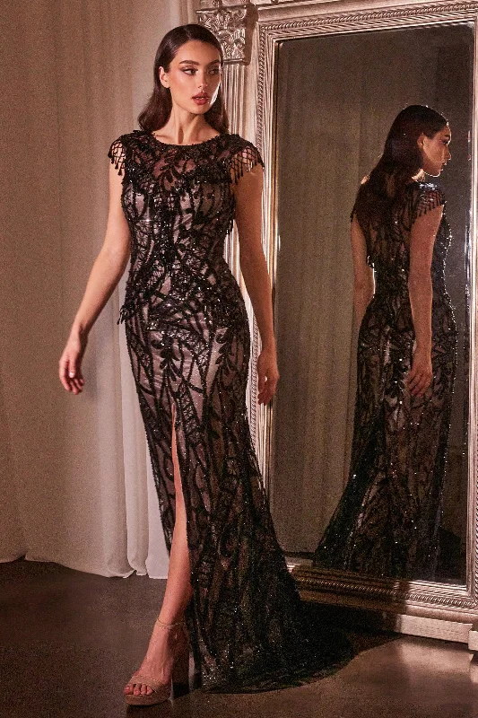 Short wedding guest dresses for a fun, playful look -Sequin Fringe Cap Sleeve Slit Gown by Ladivine CC4007