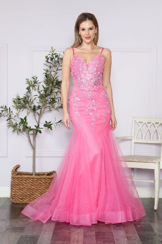 cocktail dresses with satin belts for waist definition --Floral Applique Sleeveless Mermaid Dress by Poly USA 9374