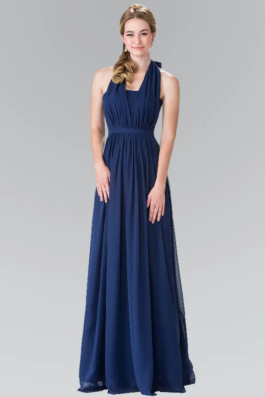 bridesmaid dresses with satin belts for waist accentuation --Long V-Neck Chiffon Halter Dress by Elizabeth K GL2362