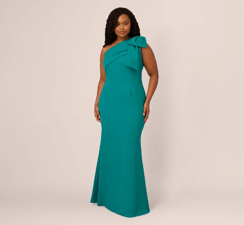 formal dresses for dance performances with stretch material --Plus Size Stretch Crepe One Shoulder Mermaid Gown With Bow Accent In Tempo Teal