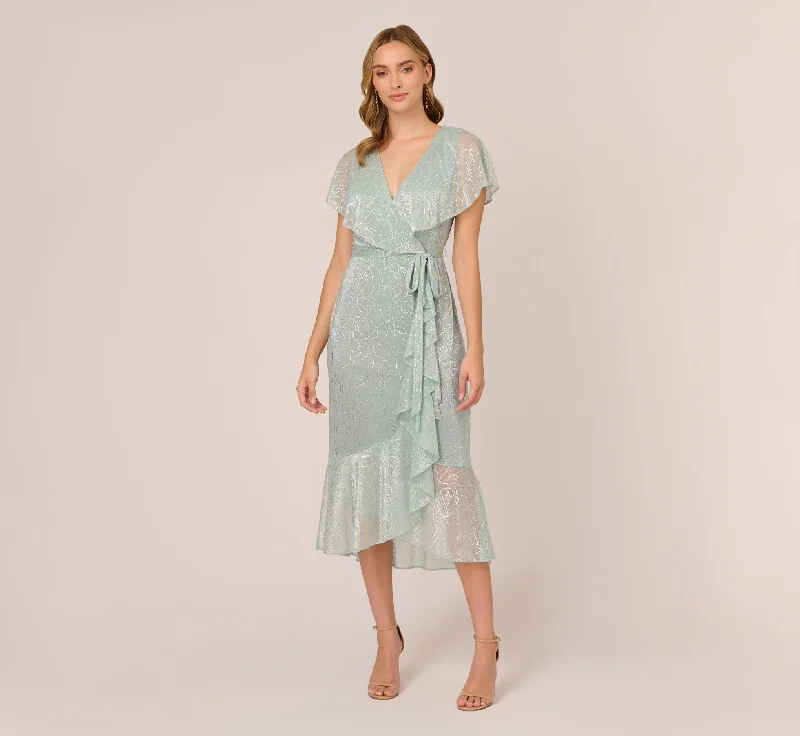Spring dresses with sheer overlays for a delicate touch -Floral Metallic Stencil Midi-Length Mermaid Dress With Capelet In Sea Glass