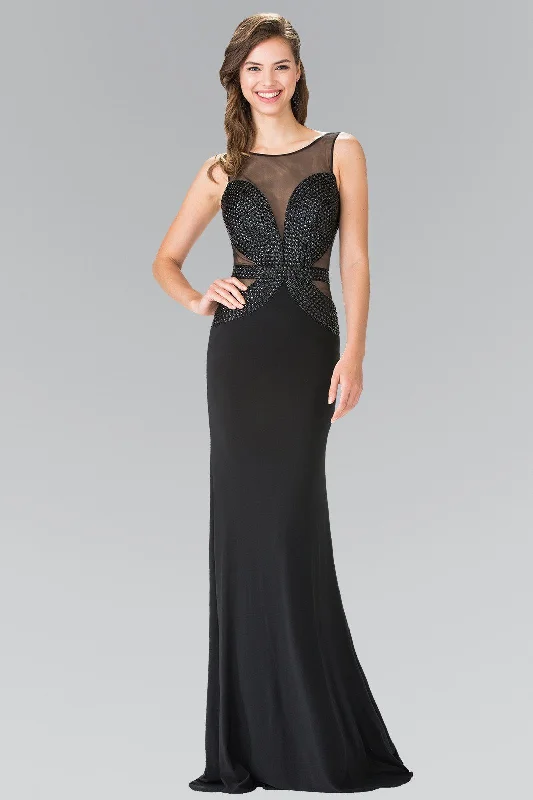 formal dresses with lace necklines for feminine touch --Black Beaded Illusion Dress with Open Back by Elizabeth K GL2234